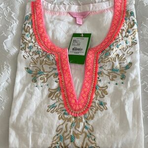 NWT LILLY PULITZER Amelia island resort white tunic top shirt L pink gold